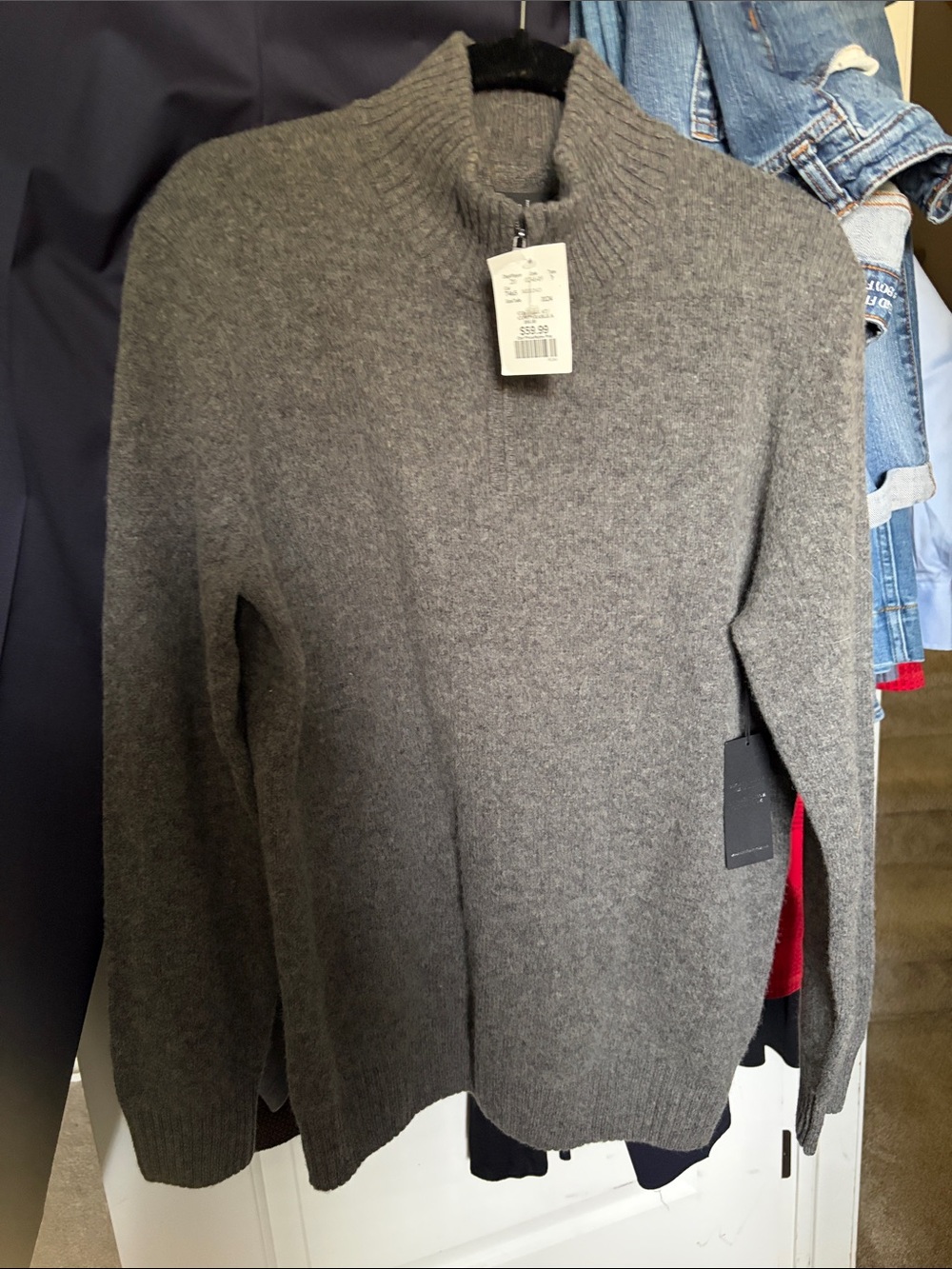 Men's Gray Zip-Front Wool Blend Sweater - Lightweight Ribbed Mock Neck
